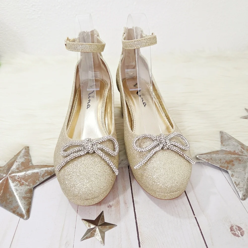 Nina Daylin Gold Glitter Girls Dress Shoes Metallic Rhinestone Bow Heels Size 6